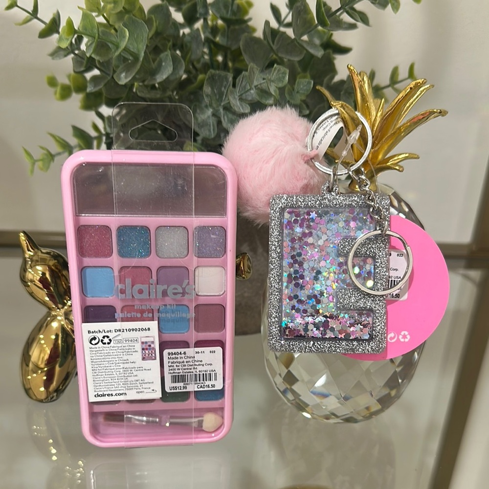 Letter E Glittery Make Up Palette and Letter E Pom Pom Keychain